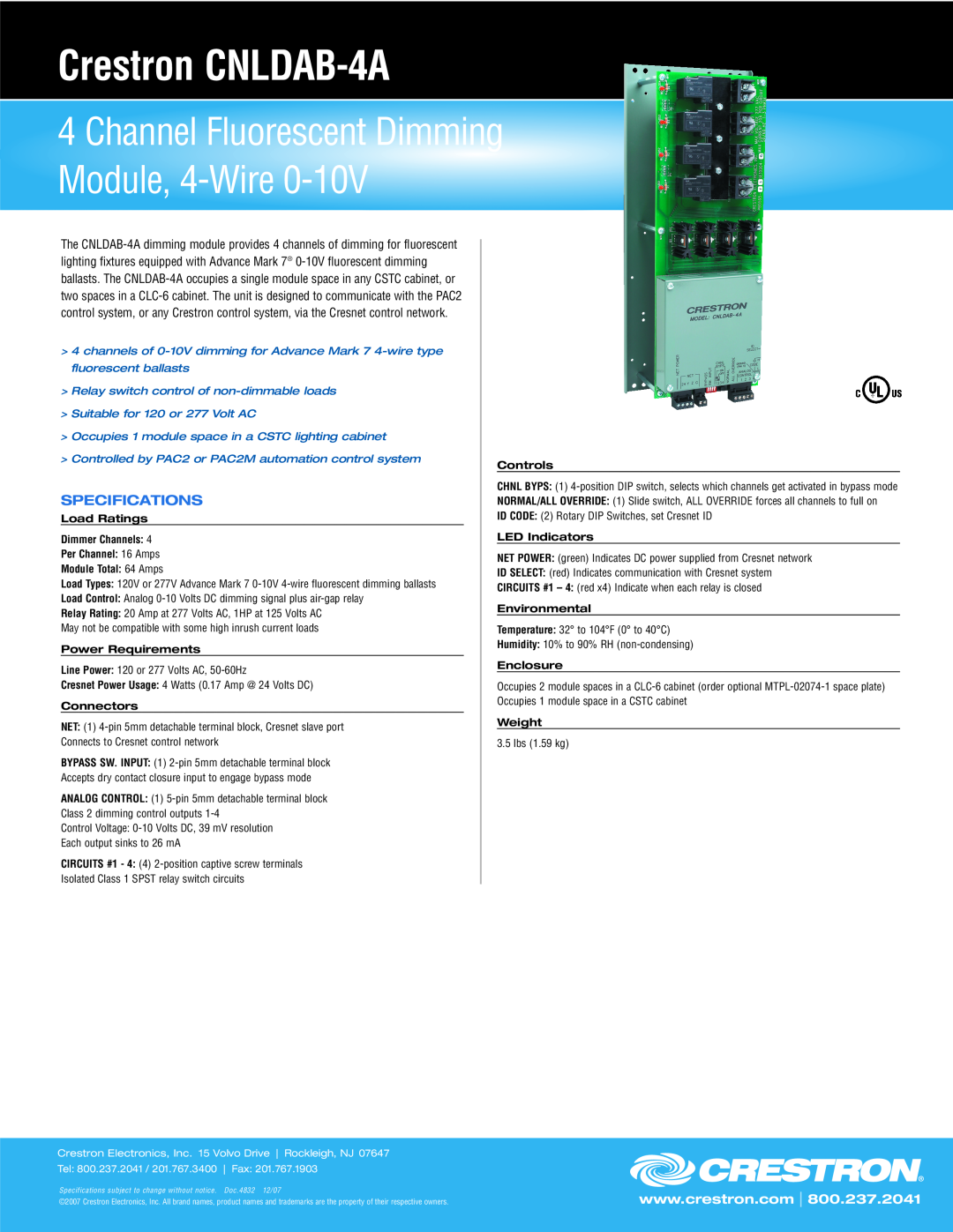 Crestron electronic specifications Crestron CNLDAB-4A, Channel Fluorescent Dimming Module, 4-Wire, Specifications 