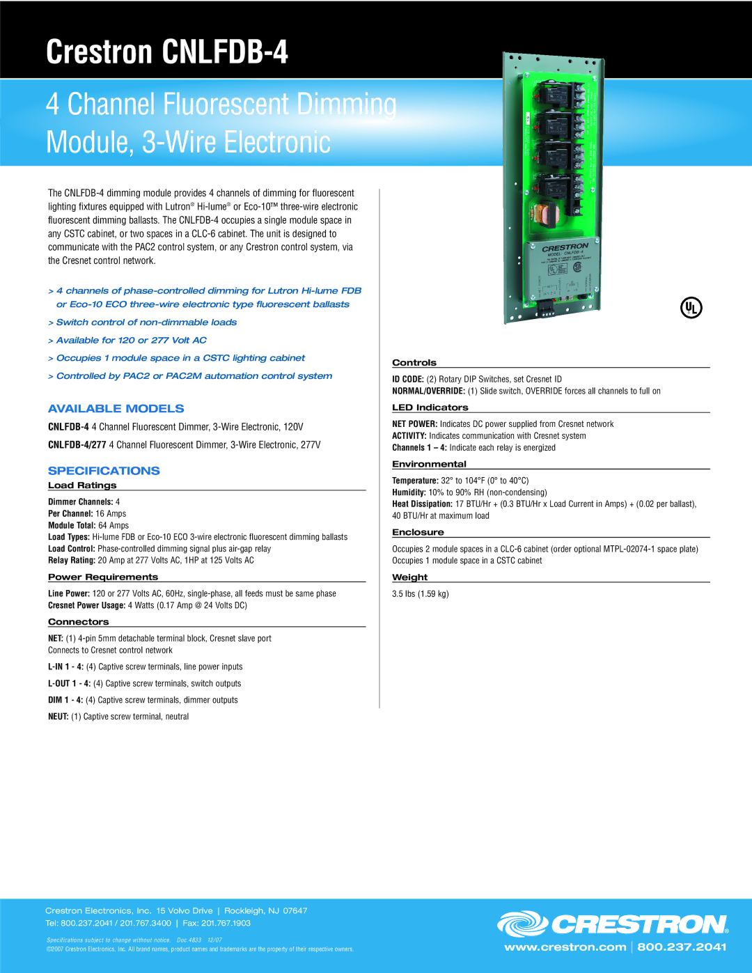 Crestron electronic CNLFDB-4 specifications Available Models, Specifications 