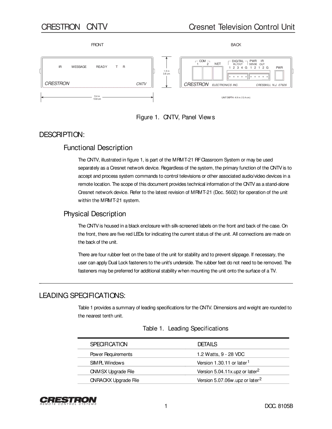 Crestron electronic CNTV manual Functional Description, Physical Description, Leading Specifications 