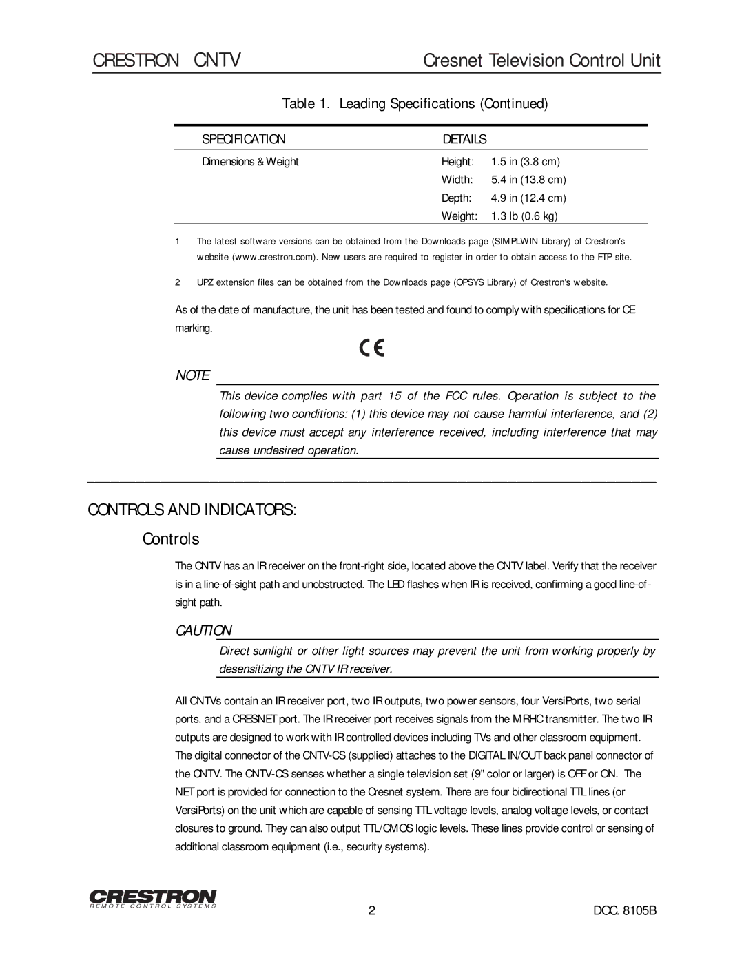 Crestron electronic CNTV manual Controls and Indicators, Specification 