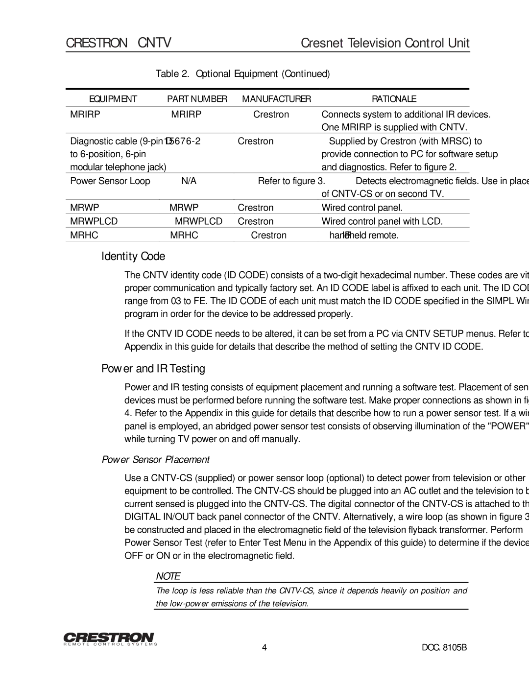 Crestron electronic CNTV manual Identity Code, Power and IR Testing, Optional Equipment, Power Sensor Placement 