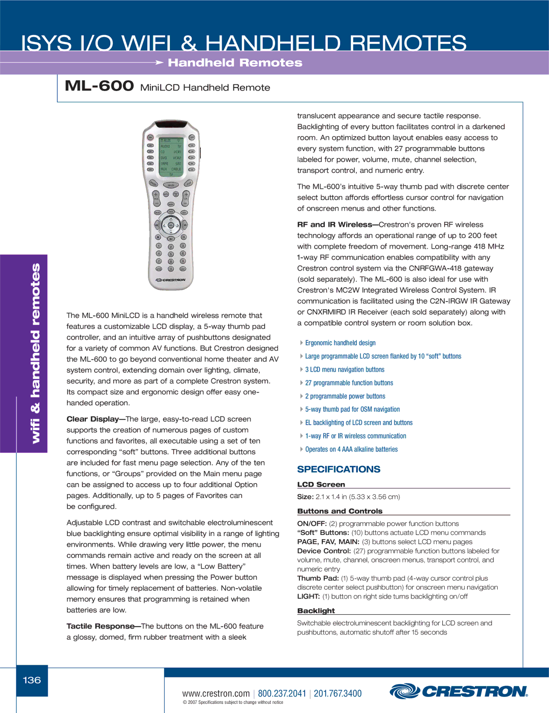 Crestron electronic C2N-IRGW-1G, CNXRMIRD manual ML-600MiniLCD Handheld Remote, LCD Screen, Buttons and Controls, Backlight 