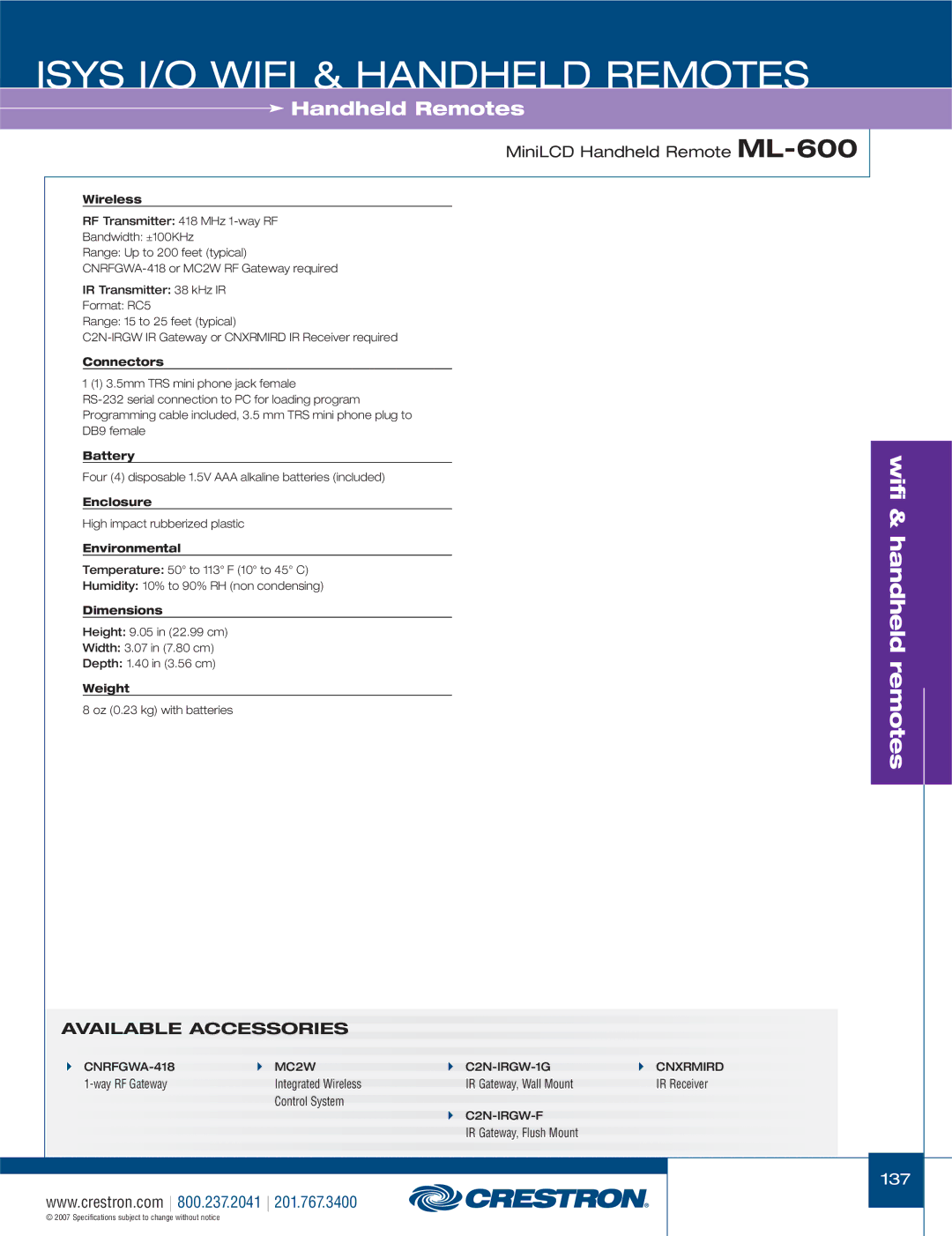 Crestron electronic TPMC-4X, CNXRMIRD, CNRFGWA-418, C2N-IRGW-F, C2N-IRGW-1G manual MiniLCD Handheld Remote ML-600 