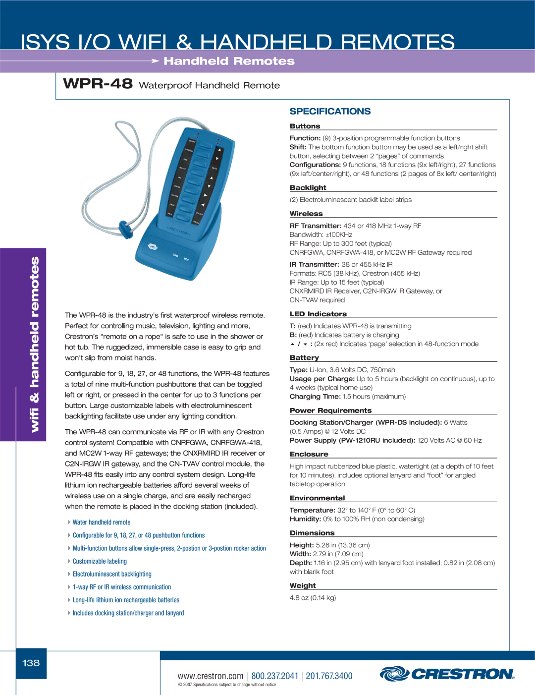 Crestron electronic CNXRMIRD, CNRFGWA-418, C2N-IRGW-F, ML-600, C2N-IRGW-1G, TPMC-4X WPR-48Waterproof Handheld Remote, Buttons 