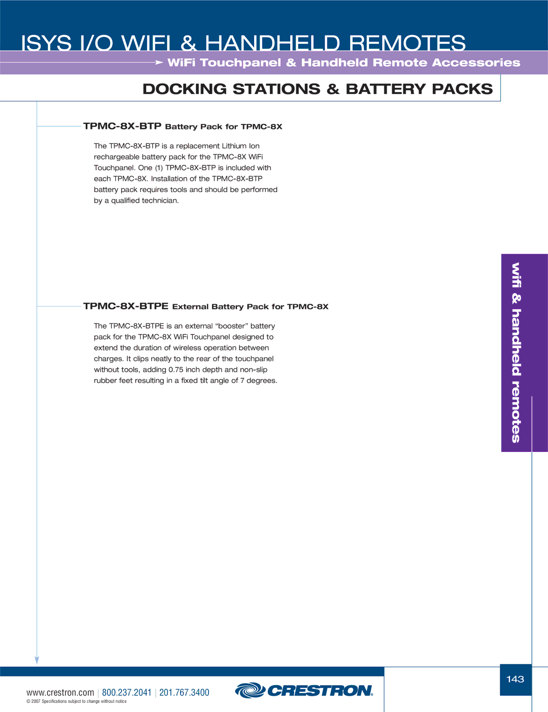 Crestron electronic TPMC-4X, CNXRMIRD TPMC-8X-BTPBattery Pack for TPMC-8X, TPMC-8X-BTPEExternal Battery Pack for TPMC-8X 