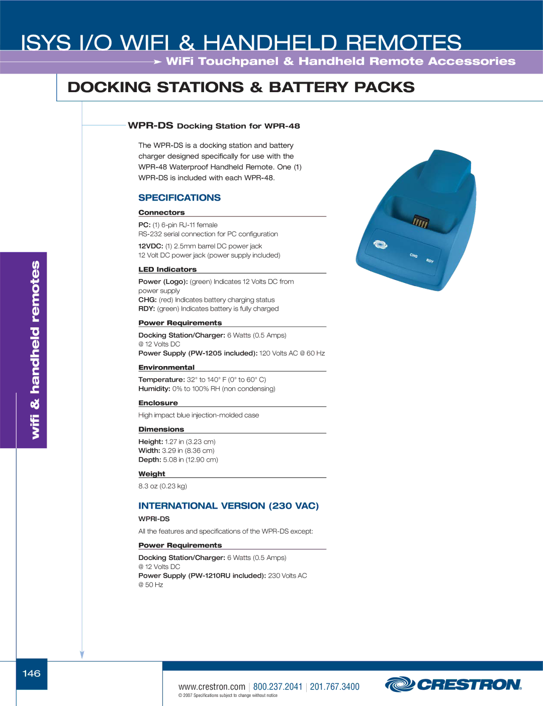 Crestron electronic C2N-IRGW-F, CNXRMIRD, CNRFGWA-418, ML-600, C2N-IRGW-1G, TPMC-4X manual WPR-DSDocking Station for WPR-48 