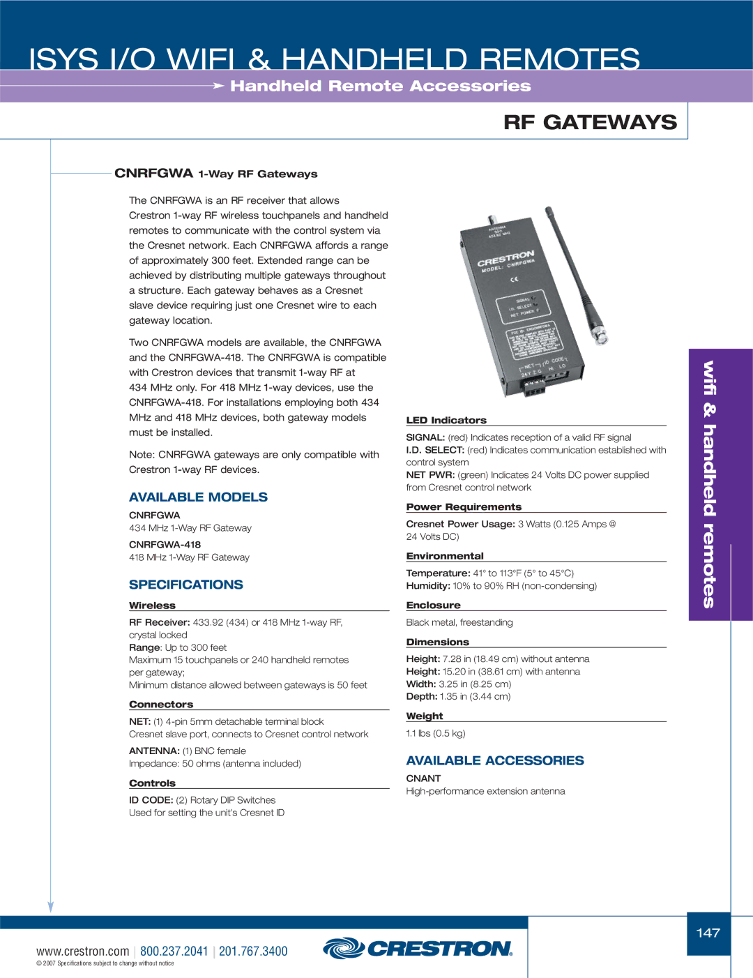 Crestron electronic ML-600, CNXRMIRD, CNRFGWA-418, C2N-IRGW-F, C2N-IRGW-1G, TPMC-4X Cnrfgwa 1-Way RF Gateways, Controls 