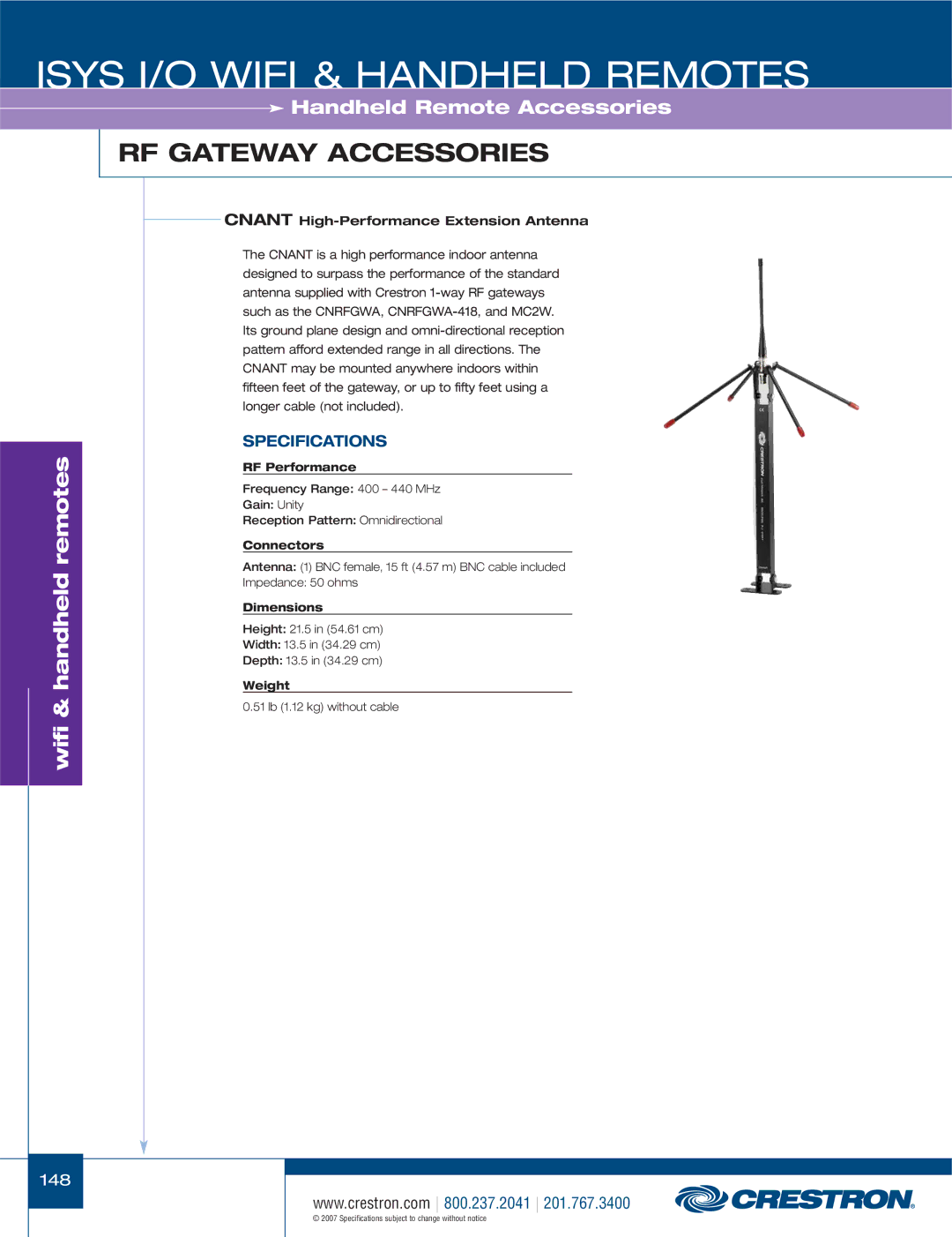 Crestron electronic C2N-IRGW-1G, CNXRMIRD RF Gateway Accessories, Cnant High-Performance Extension Antenna, RF Performance 