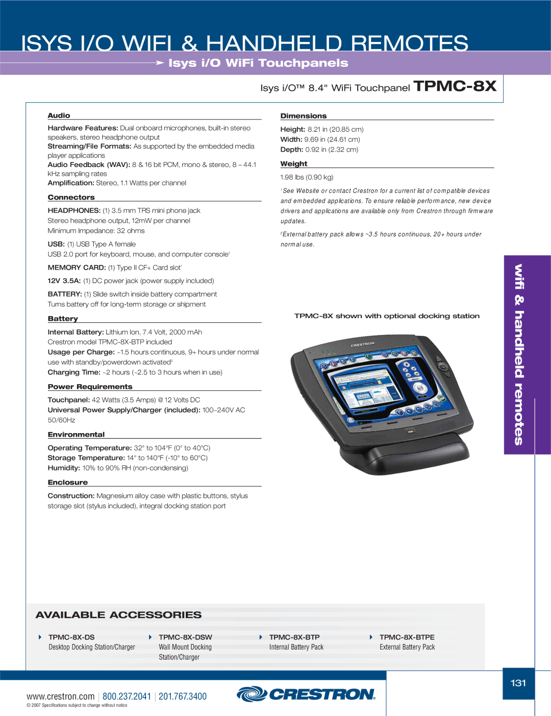 Crestron electronic TPMC-4X Audio, Connectors, Battery Dimensions, Weight, Power Requirements, Environmental, Enclosure 