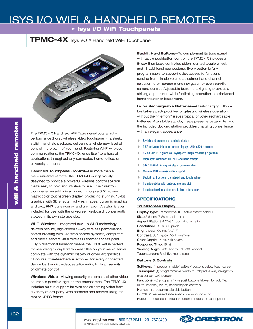 Crestron electronic CNXRMIRD, CNRFGWA-418, C2N-IRGW-F, ML-600, C2N-IRGW-1G manual TPMC-4XIsys i/O Handheld WiFi Touchpanel 