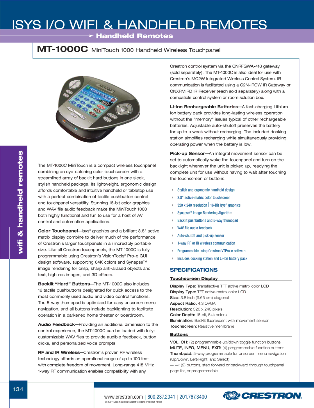 Crestron electronic C2N-IRGW-F, CNXRMIRD, CNRFGWA-418, ML-600 MT-1000CMiniTouch 1000 Handheld Wireless Touchpanel, Buttons 