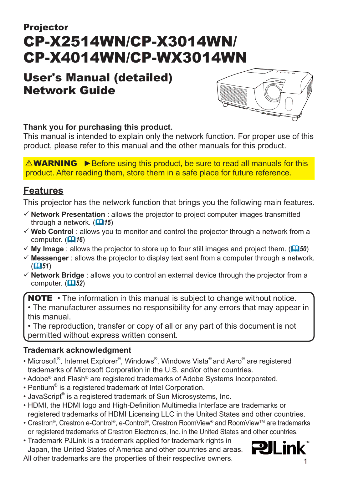 Crestron electronic CP-X3014WN user manual Features, Thank you for purchasing this product, Trademark acknowledgment 