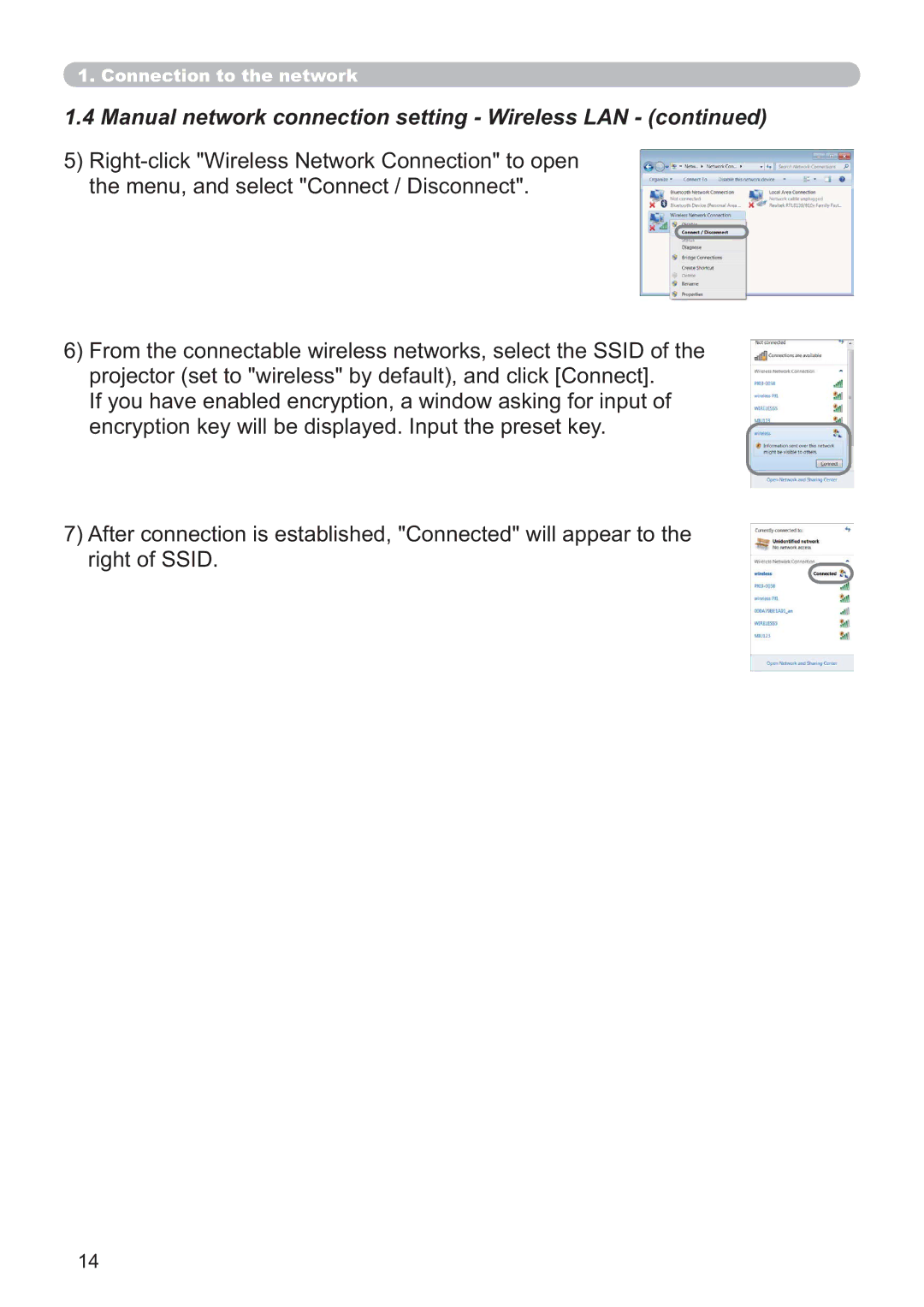 Crestron electronic CP-X2514WN, CP-X4014WN, CP-X3014WN, CP-WX3014WN user manual Manual network connection setting Wireless LAN 