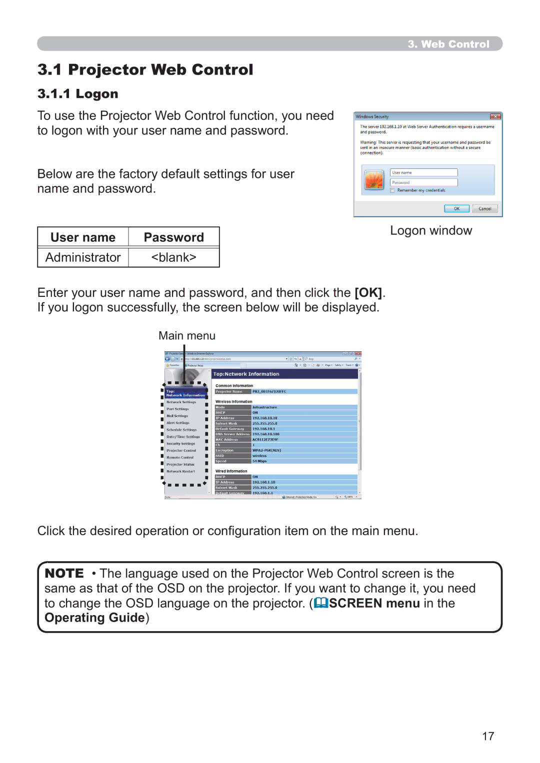 Crestron electronic CP-X3014WN, CP-X4014WN, CP-X2514WN Projector Web Control, Logon, User name Password Administrator Blank 