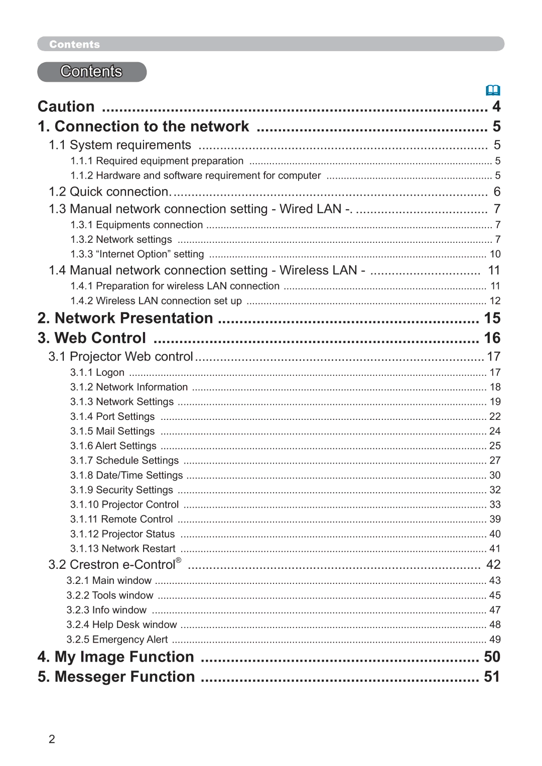 Crestron electronic CP-X2514WN, CP-X4014WN user manual Contents, Connection to the network, Network Presentation Web Control 