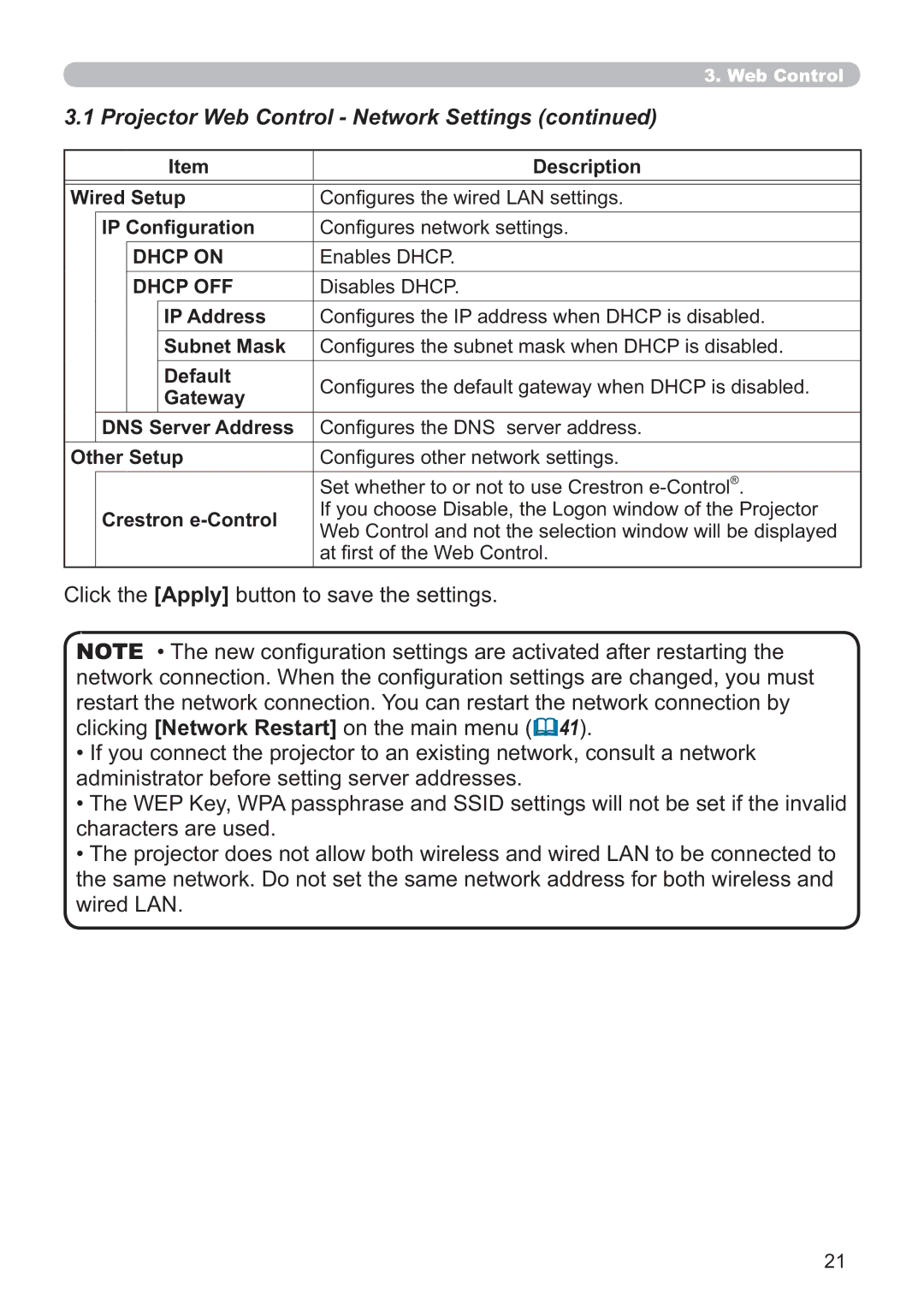 Crestron electronic CP-X3014WN, CP-X4014WN, CP-X2514WN, CP-WX3014WN user manual Wired Setup, Other Setup, Crestron e-Control 