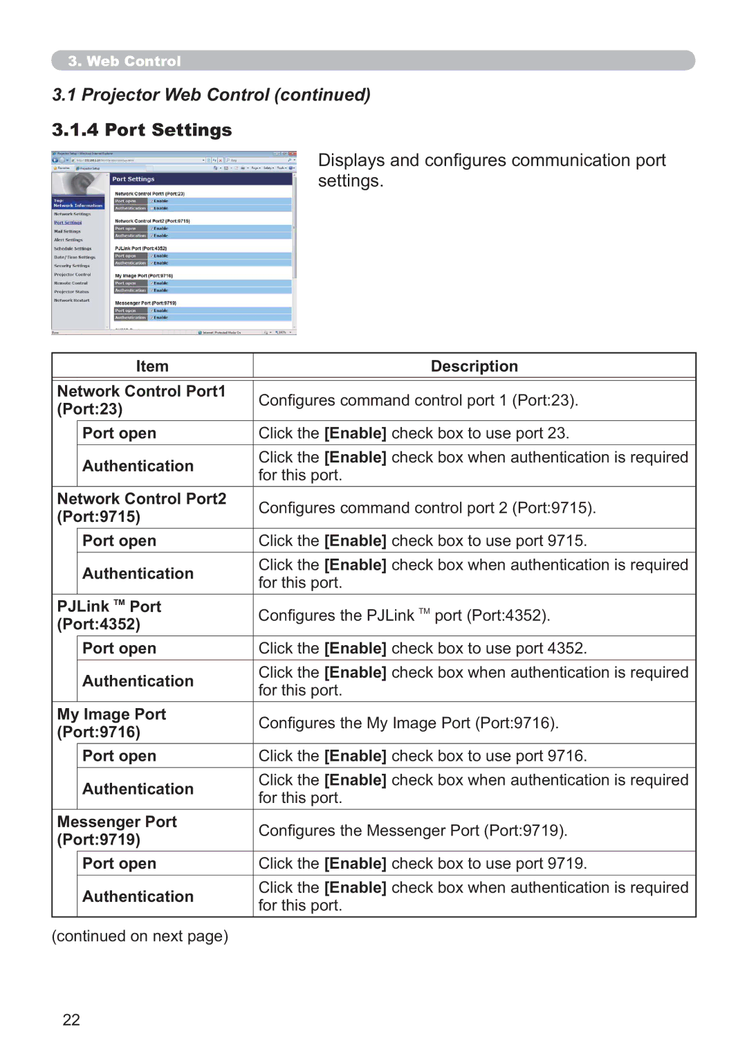 Crestron electronic CP-X2514WN, CP-X4014WN, CP-X3014WN Port Settings, Displays and conﬁgures communication port settings 