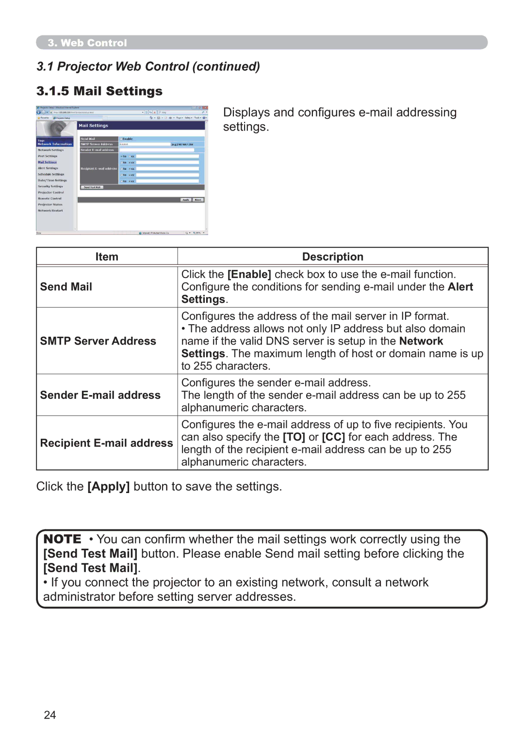 Crestron electronic CP-X4014WN user manual Mail Settings, Displays and conﬁgures e-mail addressing settings, Send Test Mail 