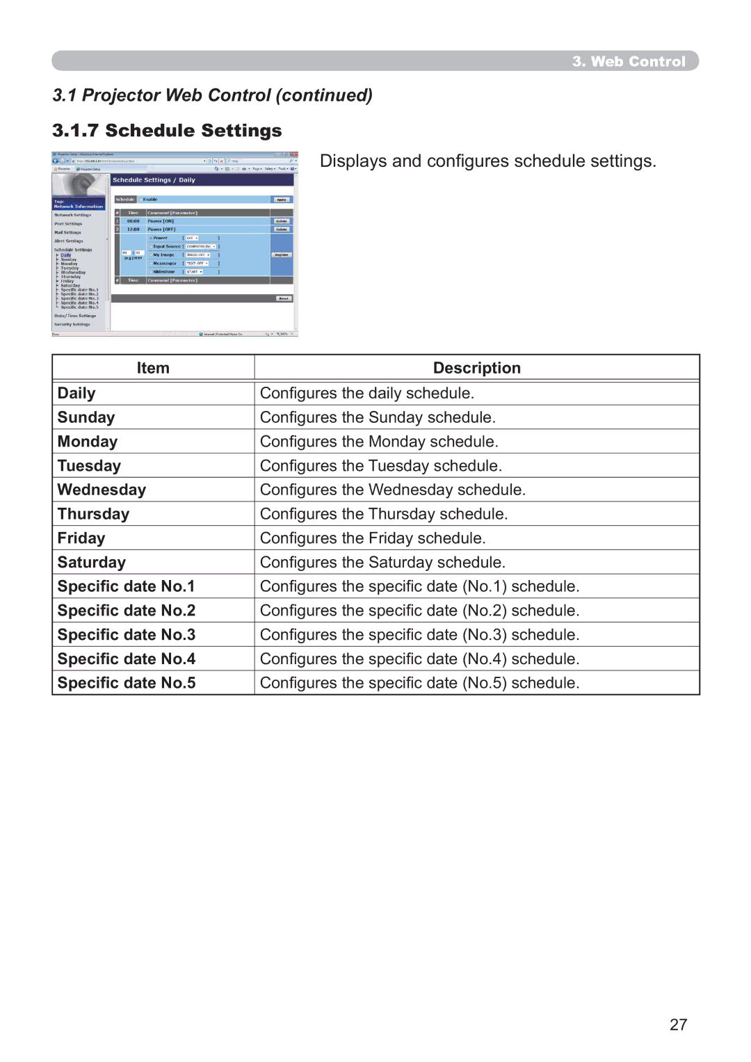 Crestron electronic CP-WX3014WN, CP-X4014WN, CP-X3014WN Schedule Settings, Displays and conﬁgures schedule settings 