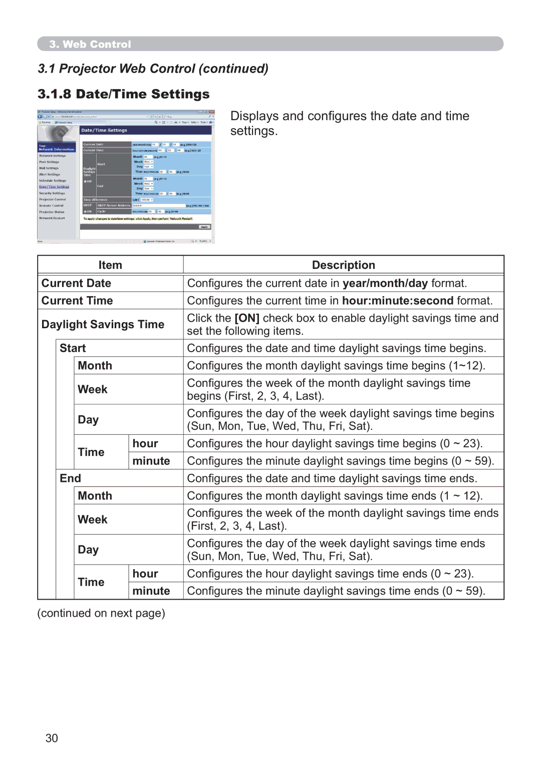 Crestron electronic CP-X2514WN, CP-X4014WN user manual Date/Time Settings, Displays and conﬁgures the date and time settings 