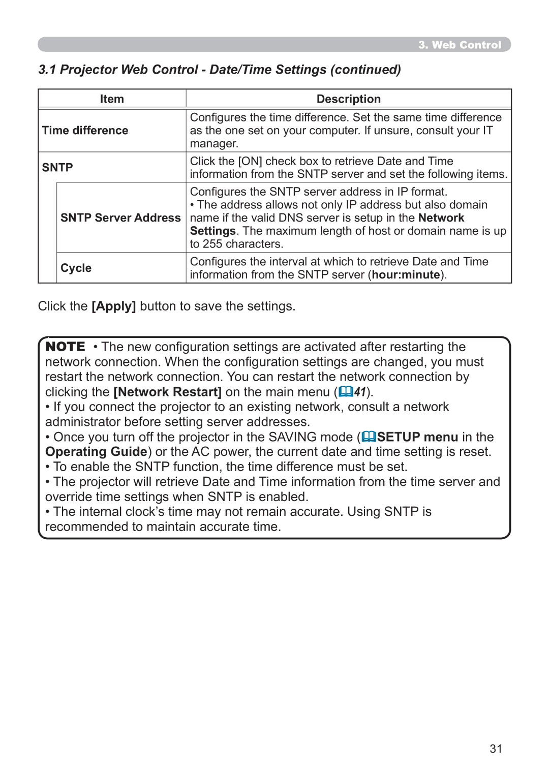 Crestron electronic CP-WX3014WN Projector Web Control Date/Time Settings, Time difference, Sntp Server Address, Cycle 