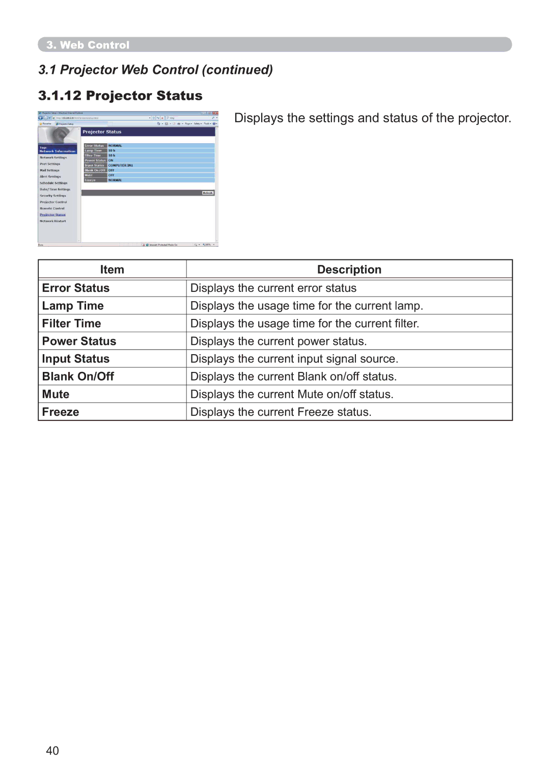 Crestron electronic CP-X4014WN, CP-X3014WN, CP-X2514WN Projector Status, Displays the settings and status of the projector 