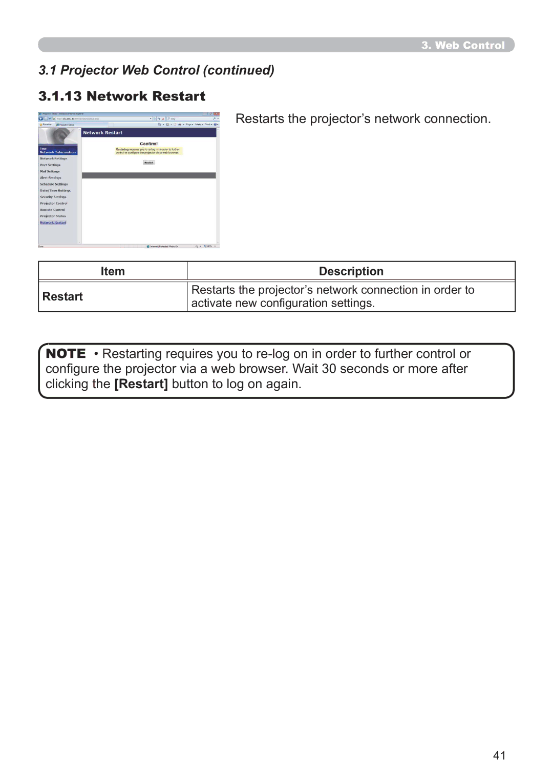 Crestron electronic CP-X3014WN Network Restart, Restarts the projector’s network connection, Description Restart 