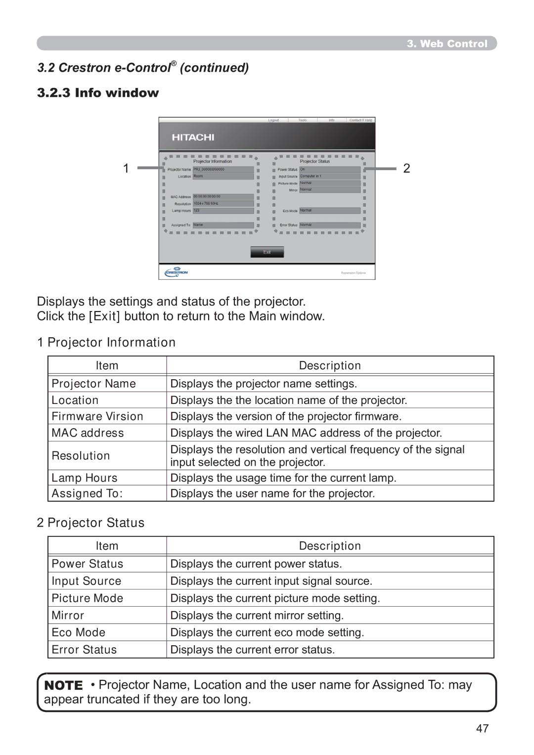 Crestron electronic CP-WX3014WN, CP-X4014WN, CP-X3014WN, CP-X2514WN user manual Info window, Projector Information 