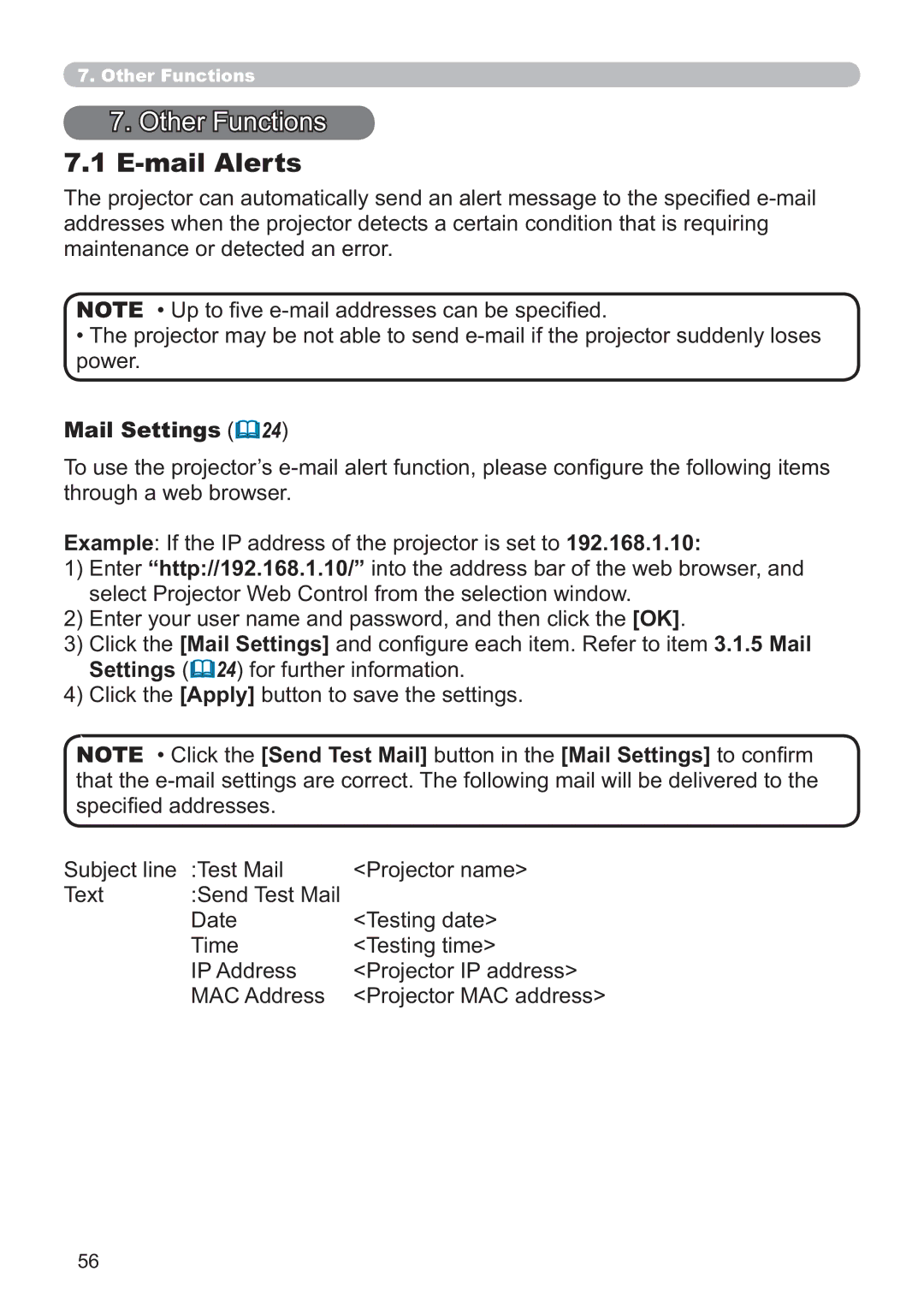 Crestron electronic CP-X4014WN, CP-X3014WN, CP-X2514WN, CP-WX3014WN user manual Other Functions, Mail Alerts 