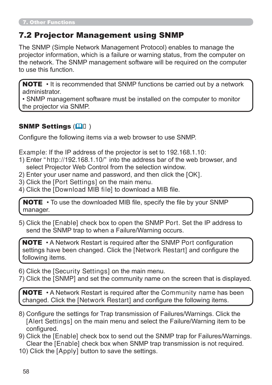 Crestron electronic CP-X2514WN, CP-X4014WN, CP-X3014WN, CP-WX3014WN user manual Projector Management using Snmp, Snmp Settings 