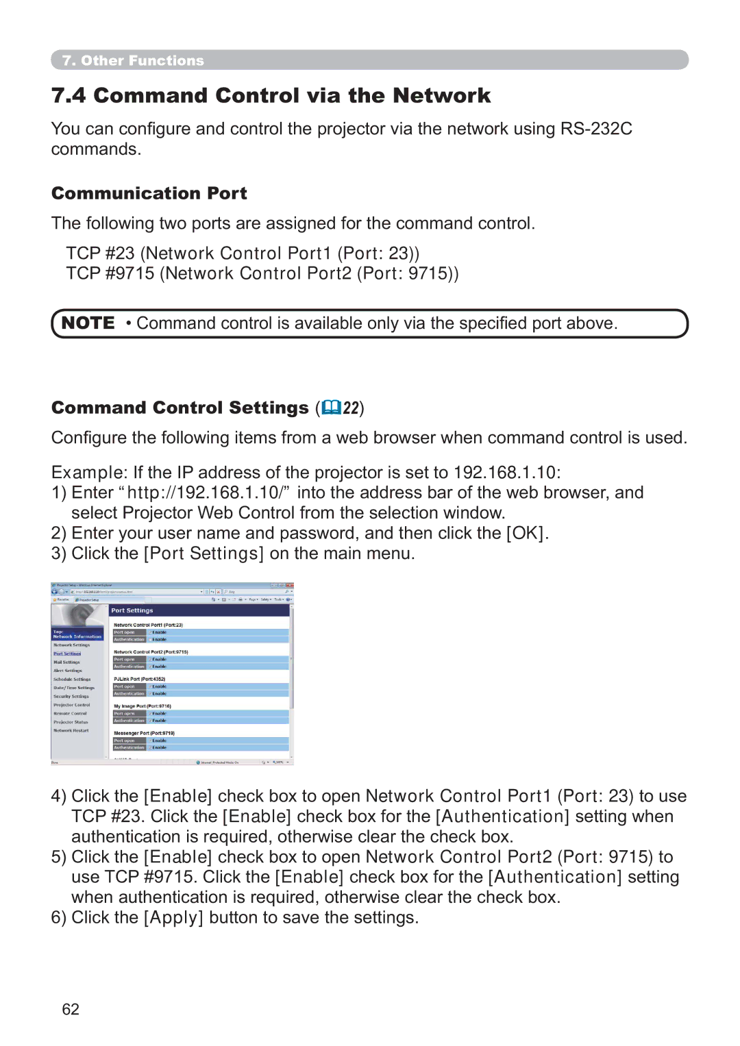 Crestron electronic CP-X2514WN, CP-X4014WN, CP-X3014WN, CP-WX3014WN Command Control via the Network, Communication Port 