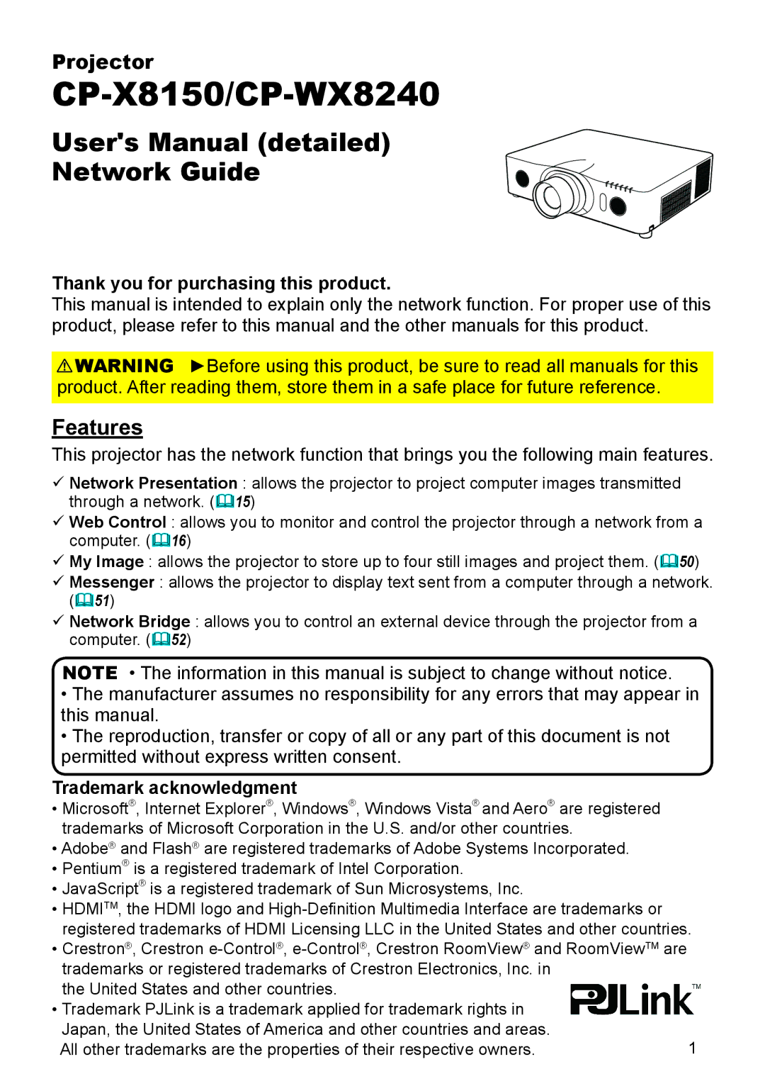 Crestron electronic CP-WX8240 user manual Features, Thank you for purchasing this product, Trademark acknowledgment 