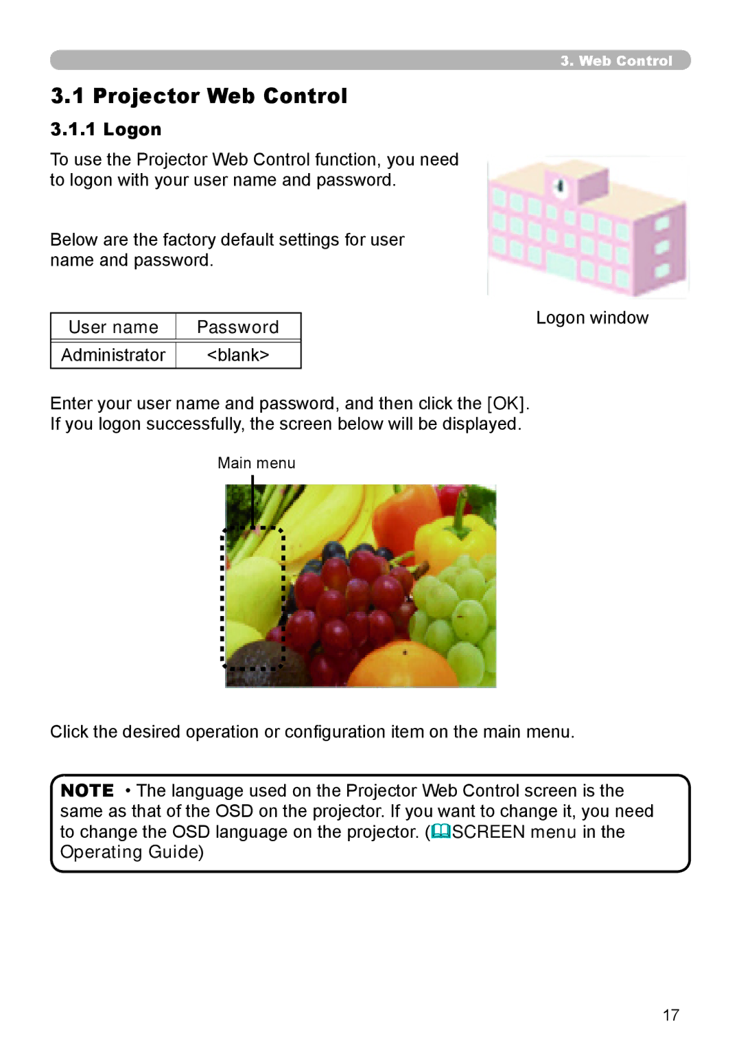 Crestron electronic CP-WX8240, CP-X8150 user manual Projector Web Control, Logon, User name Password Administrator Blank 