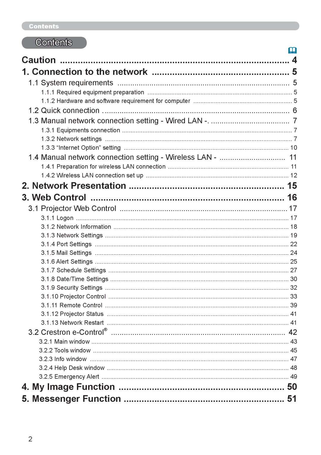 Crestron electronic CP-X8150, CP-WX8240 user manual Contents, Connection to the network, Network Presentation Web Control 