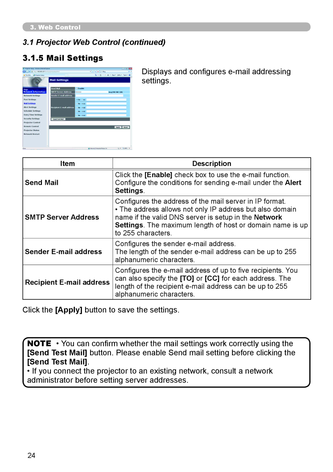 Crestron electronic CP-X8150, CP-WX8240 Mail Settings, Displays and configures e-mail addressing settings, Send Test Mail 