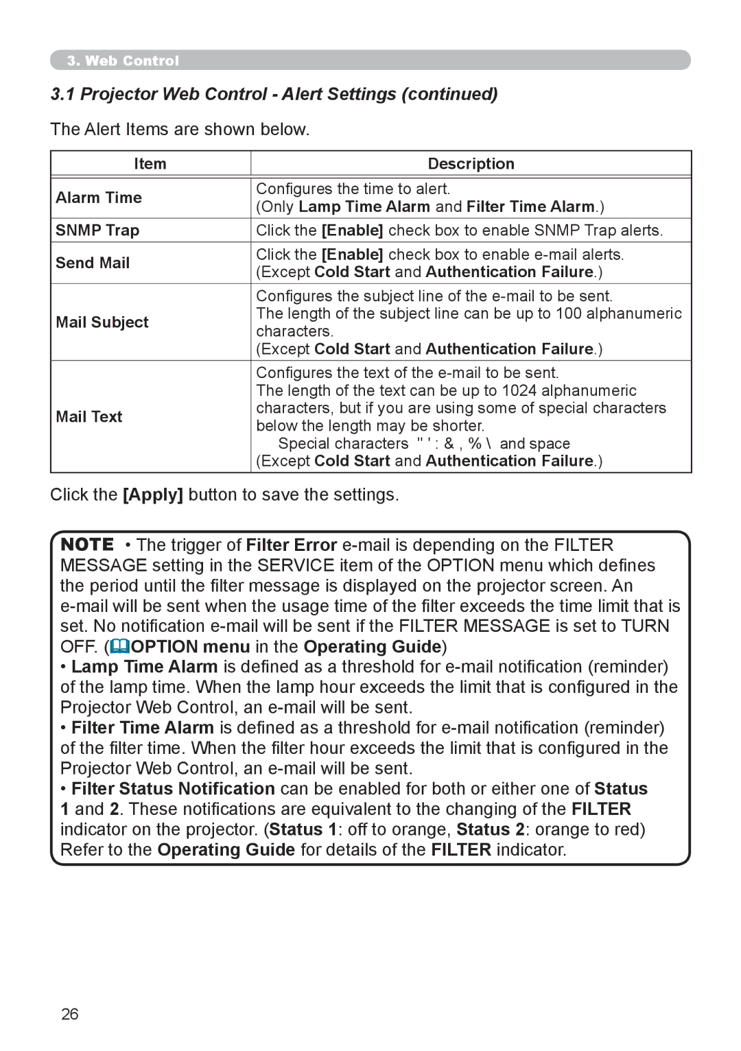 Crestron electronic CP-X8150 Alarm Time, Only Lamp Time Alarm and Filter Time Alarm, Snmp Trap, Mail Subject, Mail Text 