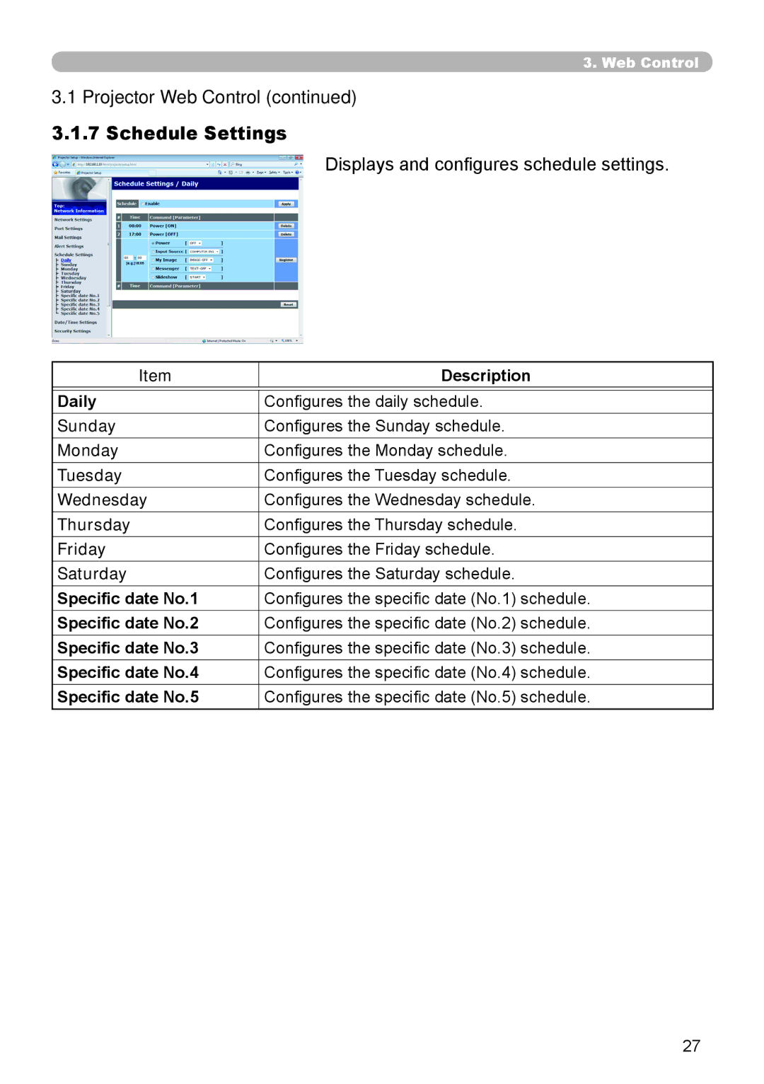 Crestron electronic CP-WX8240, CP-X8150 user manual Schedule Settings, Displays and configures schedule settings 