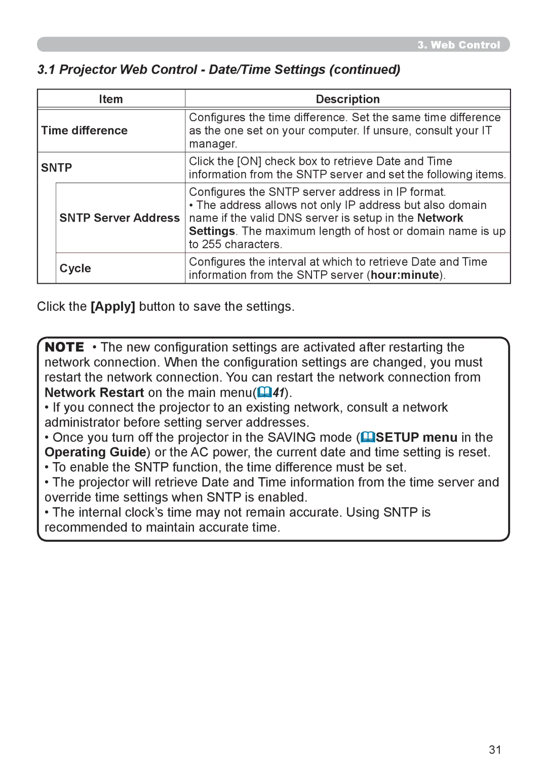 Crestron electronic CP-WX8240 Projector Web Control Date/Time Settings, Time difference, Sntp Server Address, Cycle 