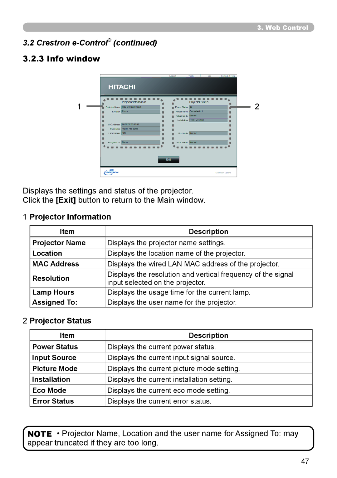 Crestron electronic CP-WX8240, CP-X8150 user manual Info window, Projector Information 