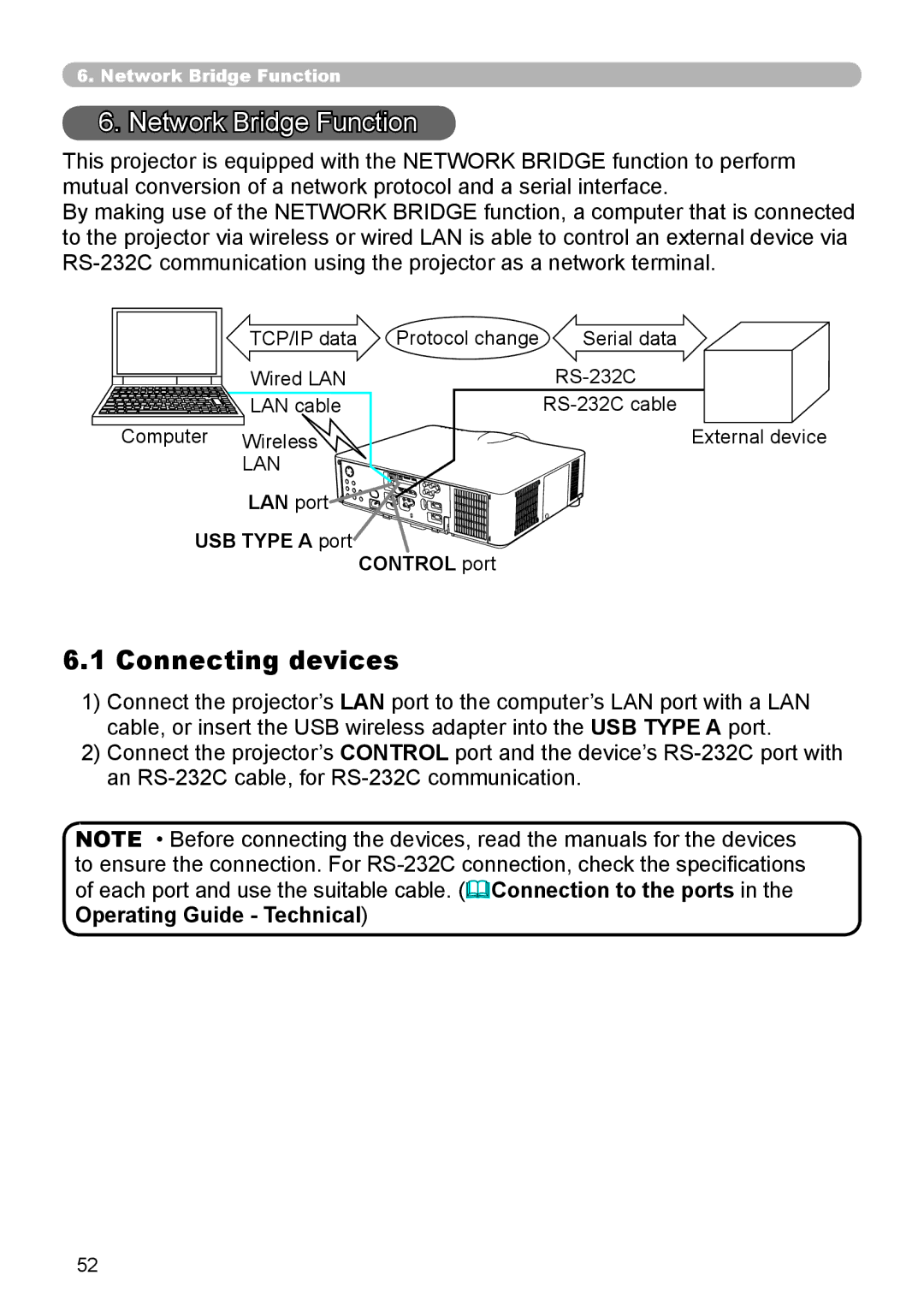 Crestron electronic CP-X8150, CP-WX8240 user manual Network Bridge Function, Connecting devices, Operating Guide Technical 