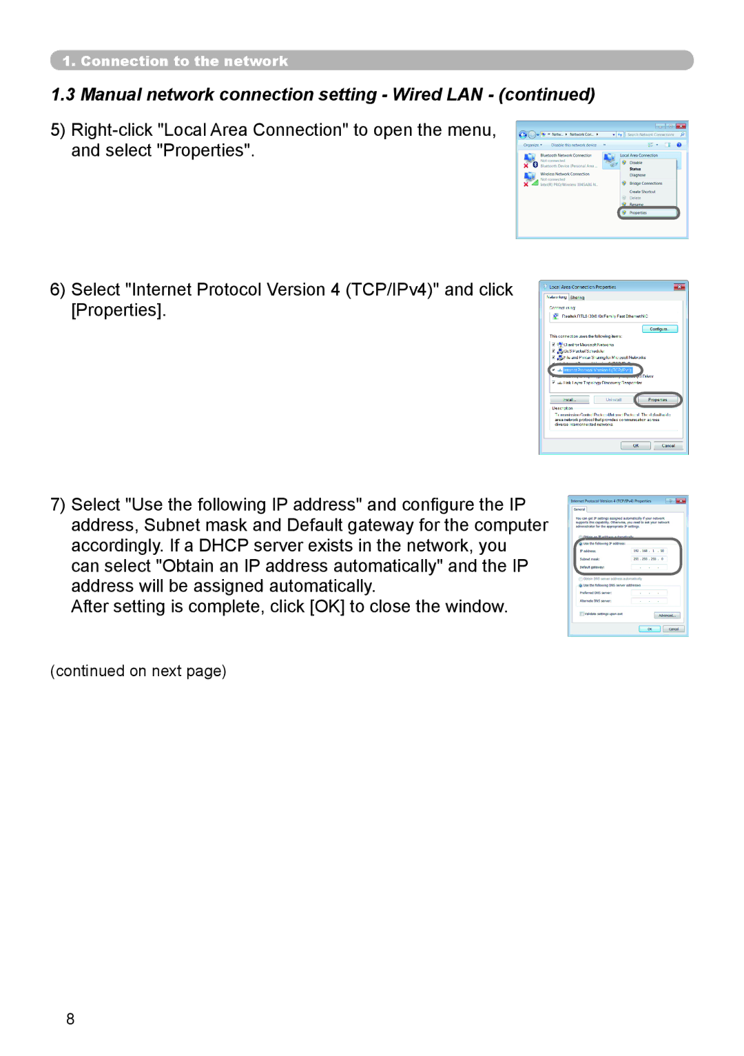 Crestron electronic CP-X8150, CP-WX8240 user manual Manual network connection setting Wired LAN 