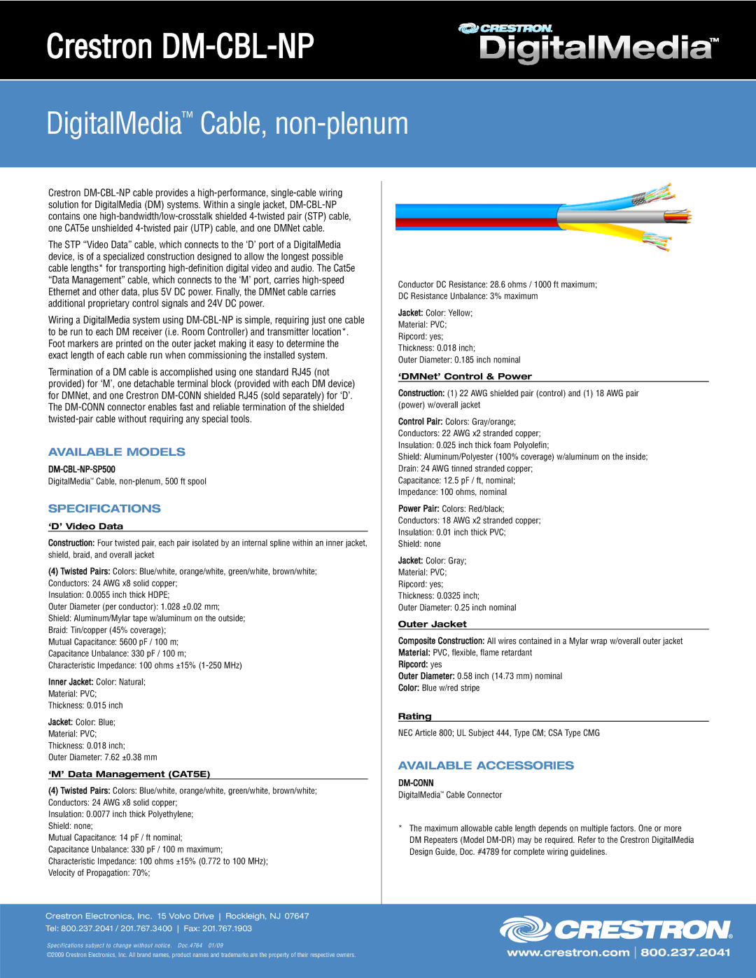 Crestron electronic specifications Crestron DM-CBL-NP, DigitalMedia Cable, non-plenum, Available Models, Specifications 