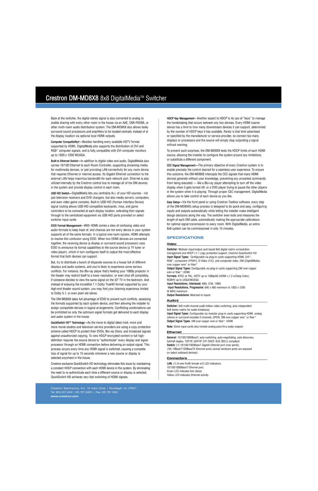 Crestron electronic DM-MD8X8 manual Specifications, Video, Audio†, Ethernet, Connectors 