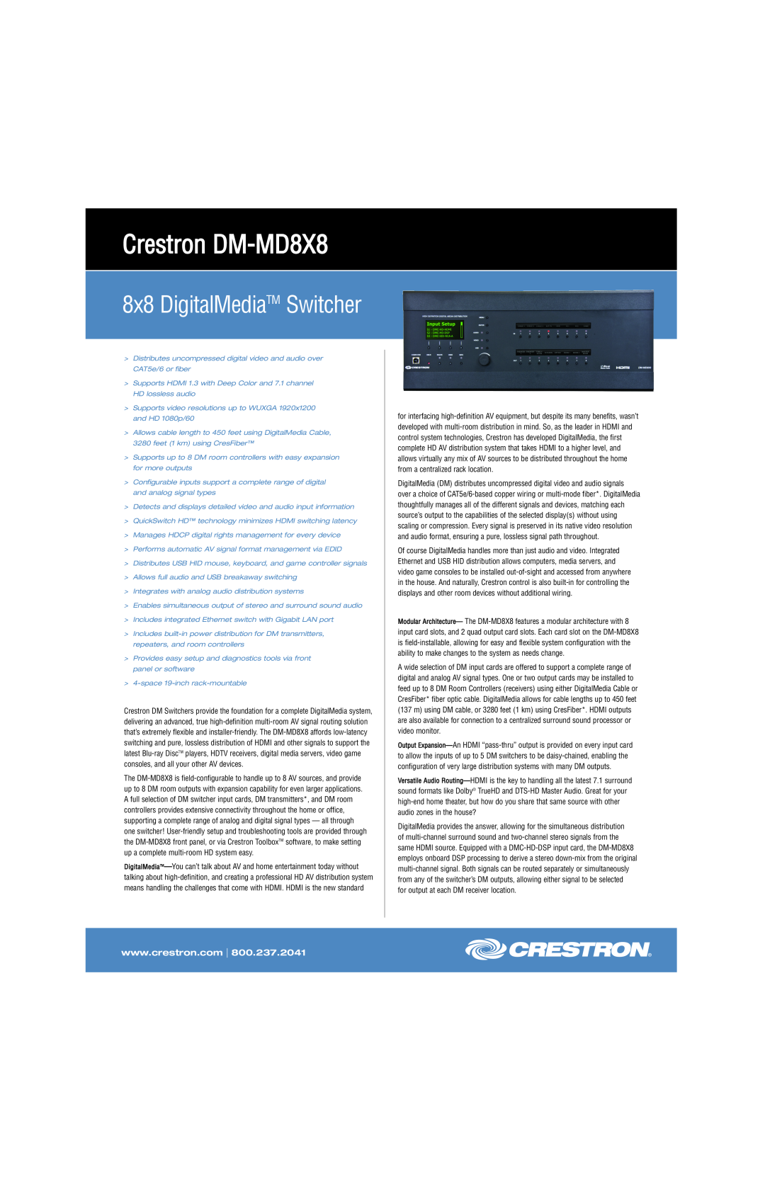 Crestron electronic manual Crestron DM-MD8X8, 8x8 DigitalMediaTM Switcher 