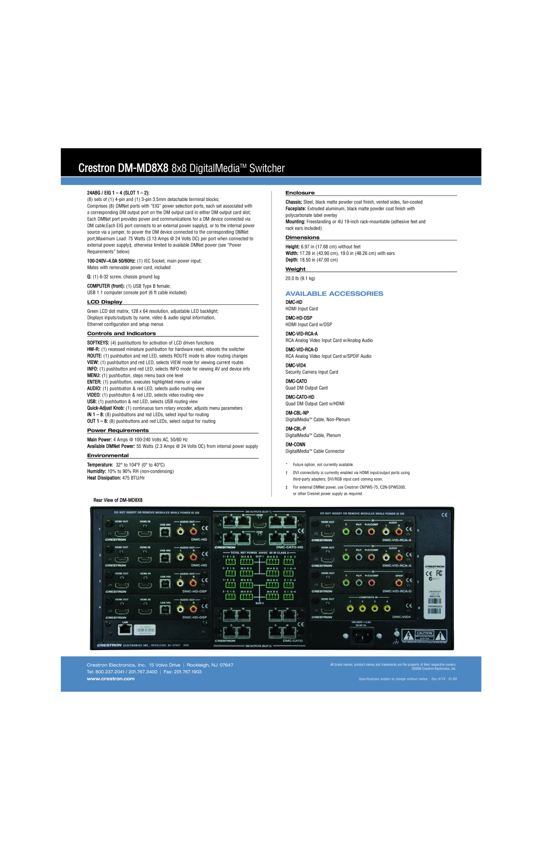 Crestron electronic Available Accessories, Crestron DM-MD8X8 8x8 DigitalMediaTM Switcher, LCD Display, Environmental 
