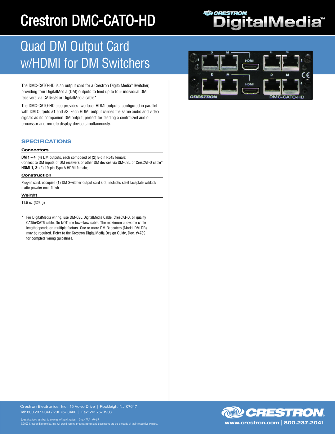 Crestron electronic specifications Crestron DMC-CATO-HD, Quad DM Output Card w/HDMI for DM Switchers, Specifications 