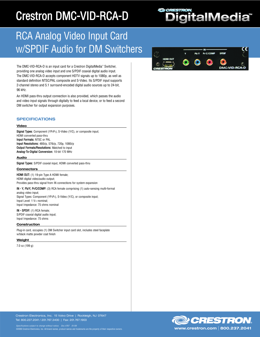 Crestron electronic specifications Crestron DMC-VID-RCA-D, RCA Analog Video Input Card w/SPDIF Audio for DM Switchers 