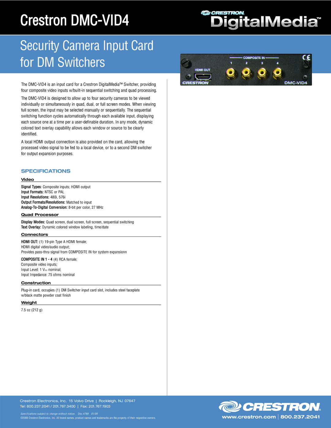 Crestron electronic specifications Crestron DMC-VID4, Security Camera Input Card for DM Switchers, Specifications 