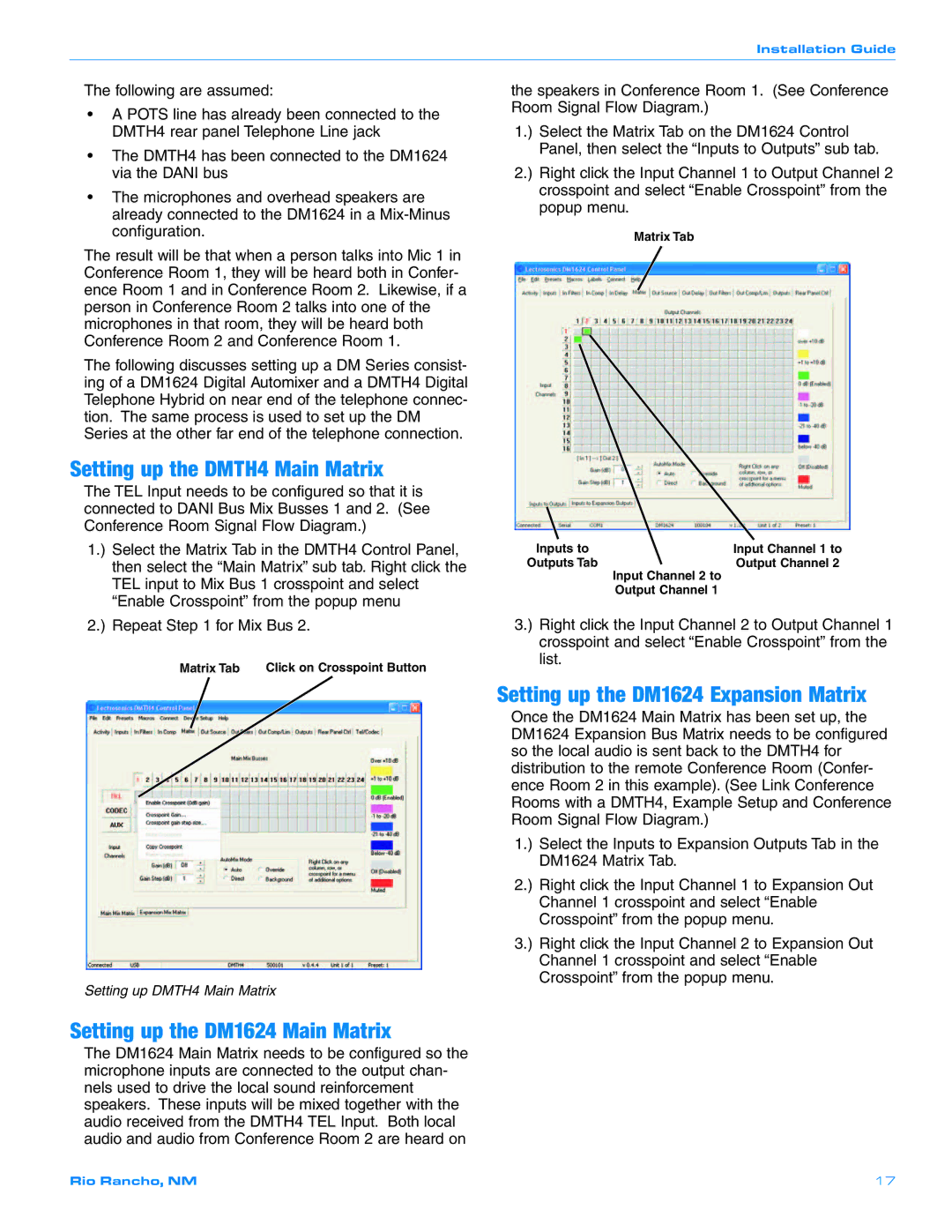 Crestron electronic quick start Setting up the DMTH4 Main Matrix, Setting up the DM1624 Main Matrix 