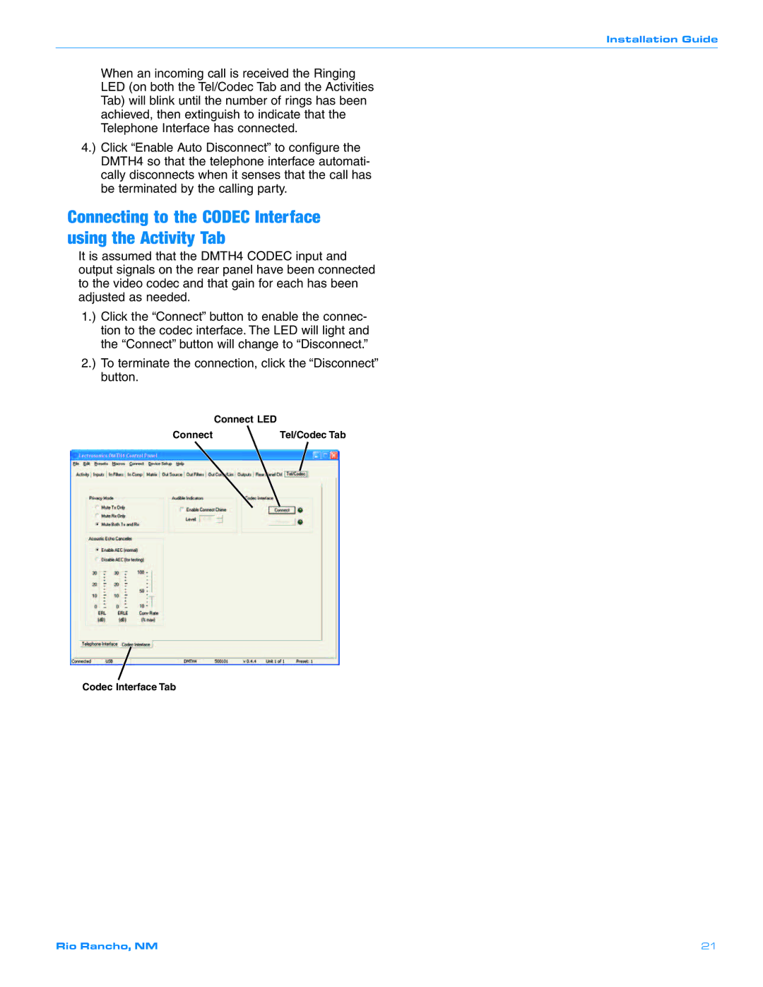 Crestron electronic DMTH4 quick start Connecting to the Codec Interface using the Activity Tab 